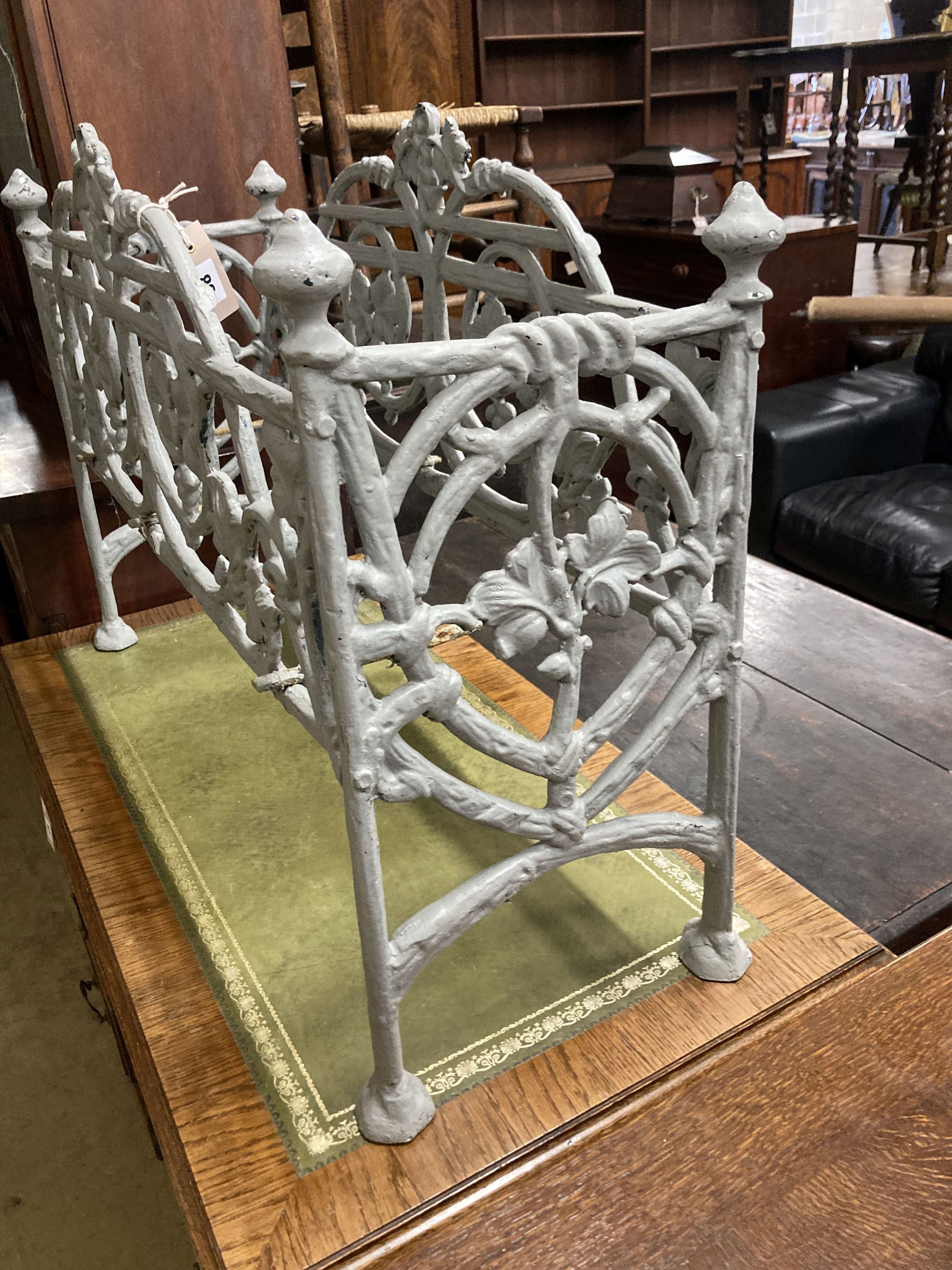 A Victorian style painted cast metal rectangular garden planter frame, width 90cm, depth 32cm, height 64cm